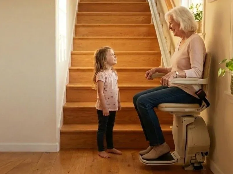 Grandmother on stairlift smiling at granddaughter, Essential Mobility, San Luis Obispo