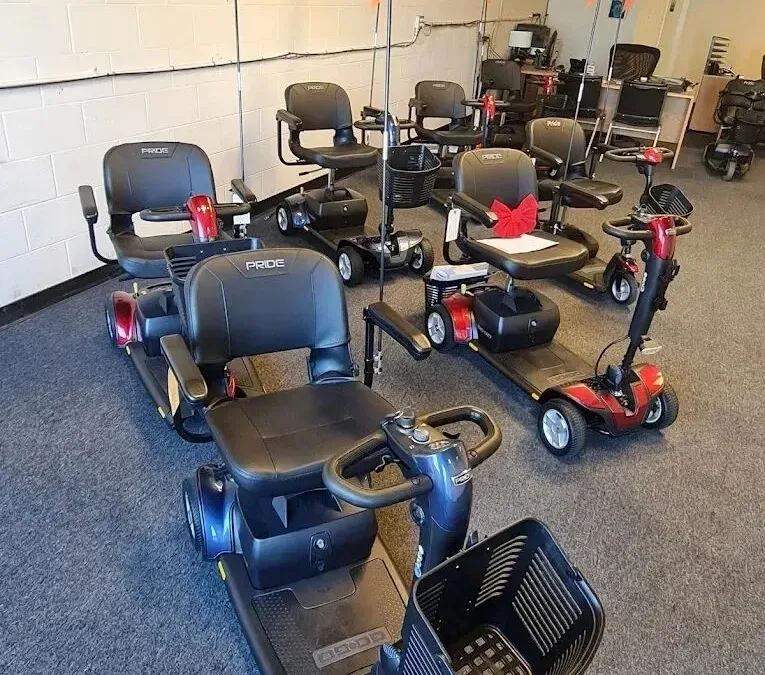 Mobility scooter rental fleet at our SLO shop — Essential Mobility, San Luis Obispo