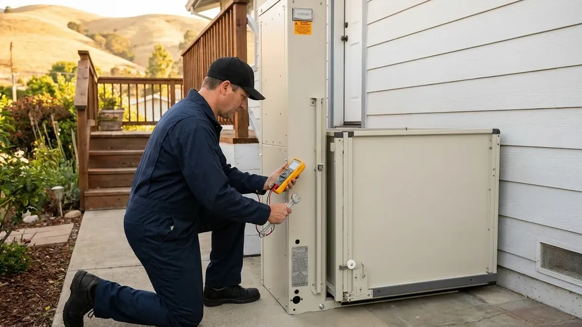 Essential Mobility technician using a multimeter to diagnose a vertical platform lift at a residential home in San Luis Obispo County