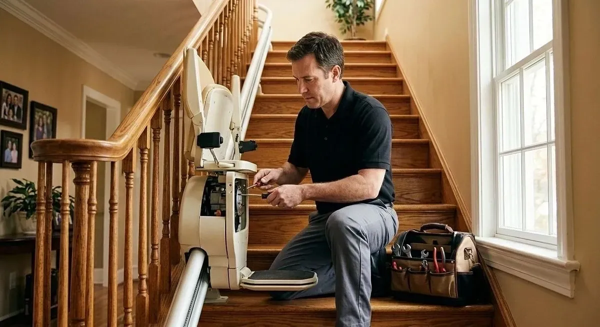 Stairlift repair technician working on a chair lift in a San Luis Obispo home
